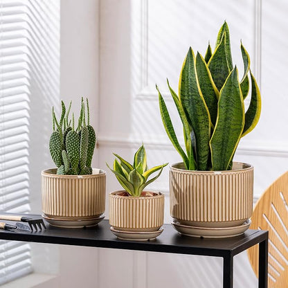 SURE YUESI Ceramic Plant Pots Set of 3, Indoor Outdoor Planters with Drainage Hole and Saucer, Ceramic Flower Pots for Indoor Plants, 4.3+5.5+6.8 Inch, Home, Garden, Patio and Office, Glossy Beige