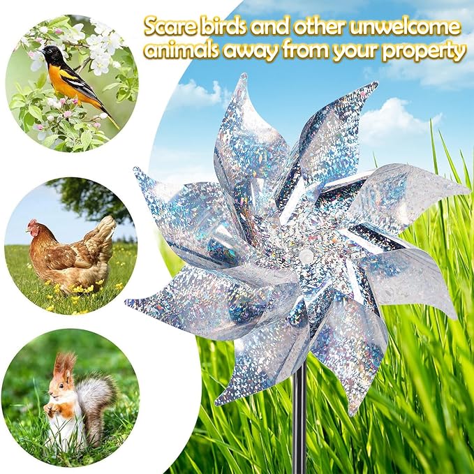 Hausse 12 Pack Reflective Pinwheels with Stakes (Pre-Assembled), Extra Sparkly Pin Wheel for Garden Decor, Bird Repellent Devices Deterrent to Scare Birds Away from Yard Patio Farm, Silver