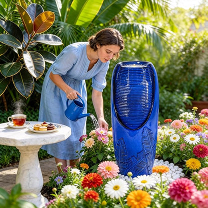 Autodaya 33" H Ceramic Jar Outdoor Water Fountain with Lights, Cobalt Blue | Natural Charm Water Feature with 3D Tropical Leaf Pattern, Soothing Cascading Waterfall for Peaceful Garden Patio Yard Porch