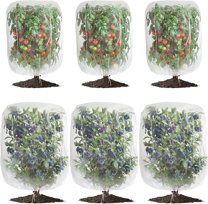 6 Pack Garden Netting for Plants 2.6x3.3ft - 3.3x4.9ft Mesh Fruit Tree Blueberry Pest Barrier Bug Netting with Drawstring 2-Size Insect Bird Netting for Tomato Vegetable Net
