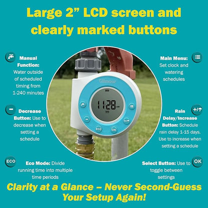 Gilmour Single Outlet Water Timer for Garden Hose, Programmable Automatic Watering System, LCD Screen, Rain Delay, Battery Operated