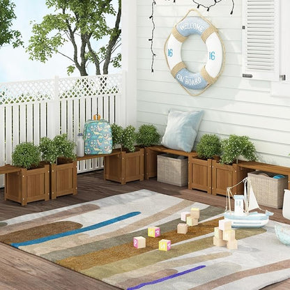 Furinno TIOMAN Mini Planter Box with Bench, Hardwood Flower Box with Seat, Cube Garden Box, in Teak Oil, Outdoor Indoor, Garden, Patio, Balcony, Light Wood