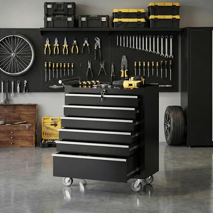 IDEALHOUSE Rolling Tool Chest, 6 Drawers Tool Storage Cabinet, Toolbox with Wheels, Portable Tool Cabinet Organizer with Locking System & Drawer Liners, Tool Storage Cart for Garage, Workshop, Black