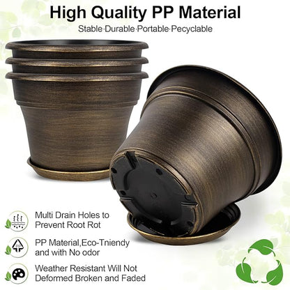 Plant Planters Pots Set of 4 Pack 8 Inch, Plastic Flower Pot For Indoor Plants With Drainage Holes & Trays, Resin Decorative Container Sets With Saucer For House Outdoor Garden Planters Dark Gold
