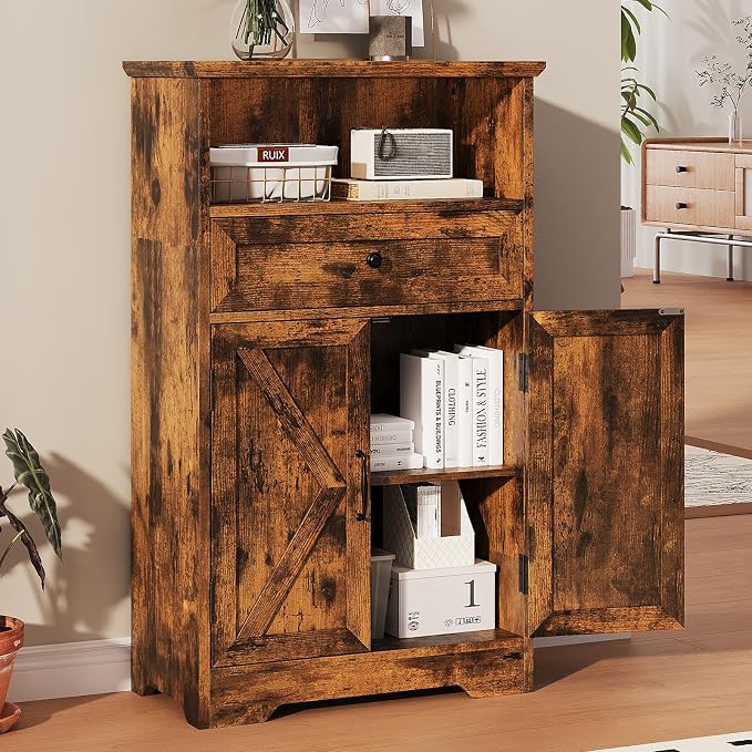 Floor Cabinet, Farmhouse Storage Cabinet with Barn Doors and Drawer, 11.81" D x 23.62" W x 39.37" H Rustic Brown Freestanding Adjustable Shelf Organizer for Bathroom, Kitchen, Living Room