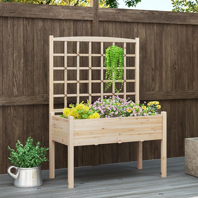 HAPPYGRILL Raised Garden Bed with Lattice Trellis, 4 Drainage Holes, Wooden Elevated Planter Box with Legs for Climbing Vine, Hanging Small Flower Baskets, Outdoor Gardening Planter for Patio Balcony