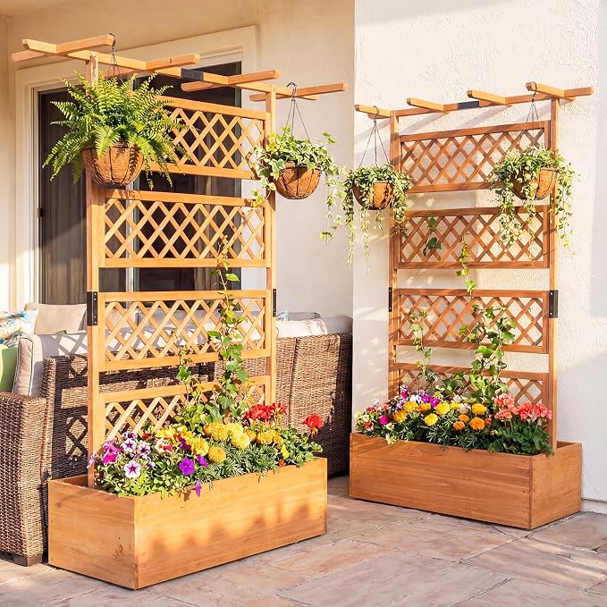 Giantex Raised Garden Bed with Trellis, 72'' Wooden Planter Box Outdoor w/Privacy Screen Roof, Large Vertical Garden Planter w/Drainage Holes for Climbing Plants, Patio Balcony Backyard