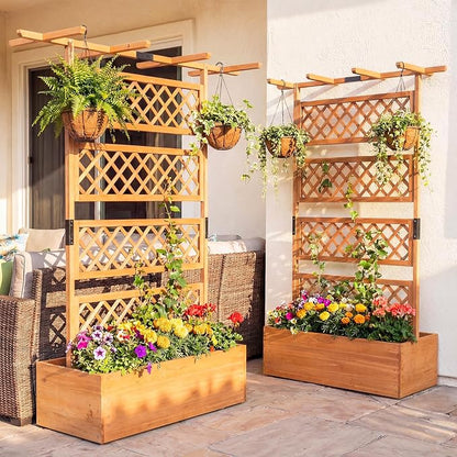 Giantex Raised Garden Bed with Trellis, 72'' Wooden Planter Box Outdoor w/Privacy Screen Roof, Large Vertical Garden Planter w/Drainage Holes for Climbing Plants, Patio Balcony Backyard
