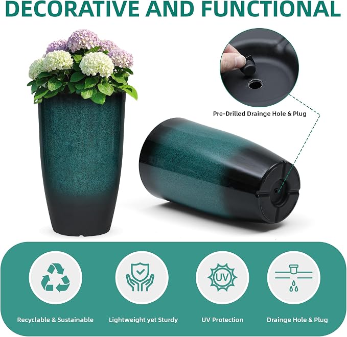 Autodaya 23.8" Tall Outdoor Planters Set of 2 Flower Pot for Outdoor Plants | Faux Ceramic Large Planters with Drainage Hole, Gradient Turquoise Glaze, Weather-Resistant for Garden Patio Porch Home Decor