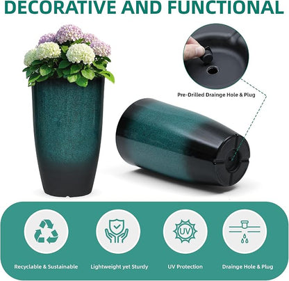 Autodaya 24" Gradient Teal Ceramic-Look Tall Planters Set of 2 | High-Density PP Pots With Drainage Hole for Indoor and Outdoor Plants, Patio, Garden, Porch, Living Room, or Gifting