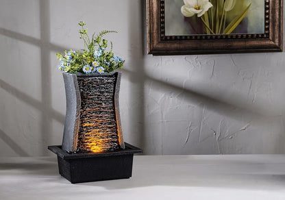 GOSSI Tabletop Water Fountain with LED Lights, Indoor Waterfall Fountain for Home Office Bedroom Decor, Includes Plastic Pots for Plant Growing, Relaxation Desk Accessory (24285)