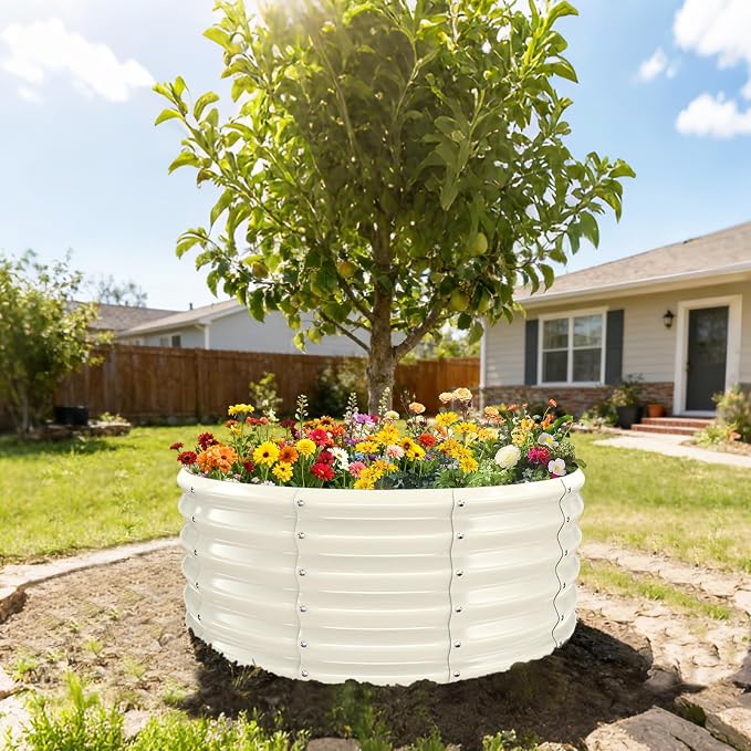 YSEJOMP 17" Tall 40" Diameter Round Raised Garden Bed Kits Outdoor White | 1.5 FT Tall,3.3FT Planter Bed for Flowers,Herbs,Vegetables,Trees,0.8MM Thick Galvanized Metal Painted,with Gloves,Tool free