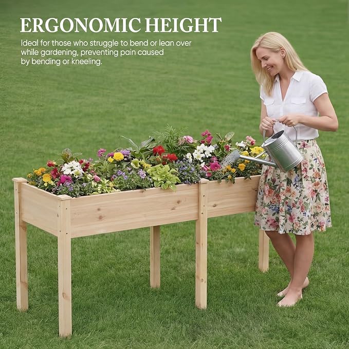 DUMOS Raised Garden Bed 72x23x30 Inch, Outdoor Planter Box with Legs, Elevated Wood Garden Bed with Liner for Herbs Flowers Vegetables, Wooden Planter Box for Patio, Balcony, Backyard, Natural Wood
