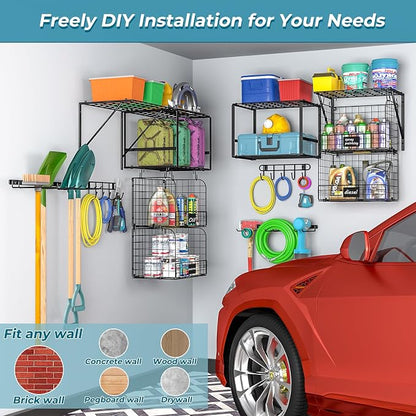 ThreeHio Garage Shelf Wall Mounted with Wire baskets, Heavy Duty Garage Wall Shelving with Garden Tool Rack and Hooks, Wire Shelf Baskets Tool Organizer for Home Garden Yard Organization and Storage