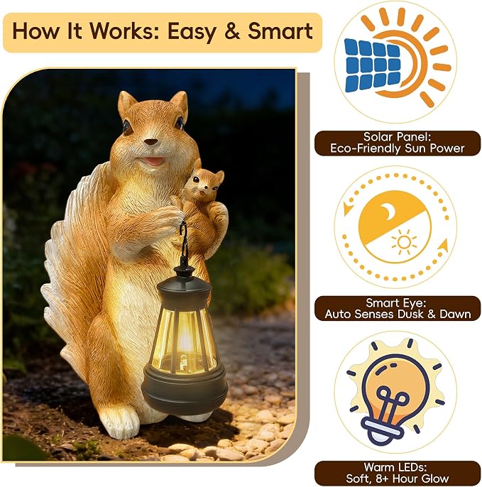 7.8" Solar Garden Squirrel Resin Statues with LED Light | Cute Animal Figurine Outdoor Indoor Decor for Patio Yard Balcony Perfect Mother‘s Day Birthday Housewarming Gift for Women