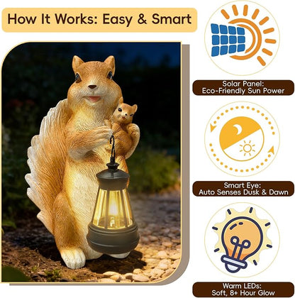 7.8" Solar Garden Squirrel Resin Statues with LED Light | Cute Animal Figurine Outdoor Indoor Decor for Patio Yard Balcony Perfect Mother‘s Day Birthday Housewarming Gift for Women