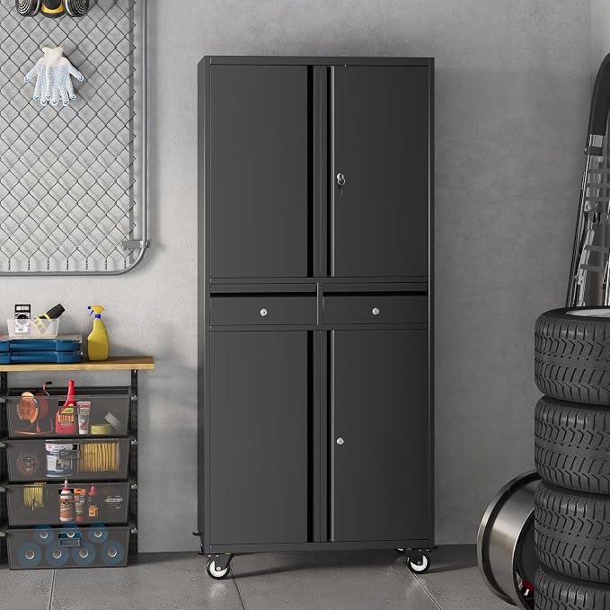71" Black Metal Storage Cabinet with Wheel, Garage Storage with 2 Drawers + 2 Adjustable Shelves, Heavy Duty Tool Cabinet with Locking Doors for School, Workshop, Office, Black