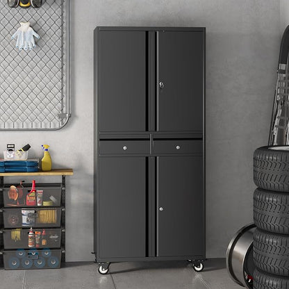71" Black Metal Storage Cabinet with Wheel, Garage Storage with 2 Drawers + 2 Adjustable Shelves, Heavy Duty Tool Cabinet with Locking Doors for School, Workshop, Office, Black