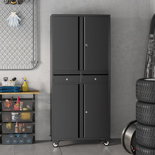 71" Black Metal Storage Cabinet with Wheel, Garage Storage with 2 Drawers + 2 Adjustable Shelves, Heavy Duty Tool Cabinet with Locking Doors for School, Workshop, Office, Black