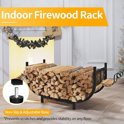 PROWORX Curved Firewood Rack Outdoor Indoor, Black 30 Inch Rustproof Fire Wood Storage Organizer, Metal Fireplace Log Holder with Removable Kindling Hooks