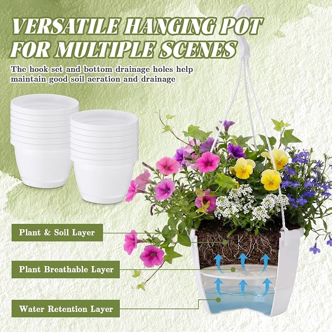 LemonRoad 30 Pcs 5.5 Inch Hanging Planter Pot with Hook, Garden Self-Watering Flower Plant Holder for Outdoor Indoor Mini Succulent Plant Garden(White)