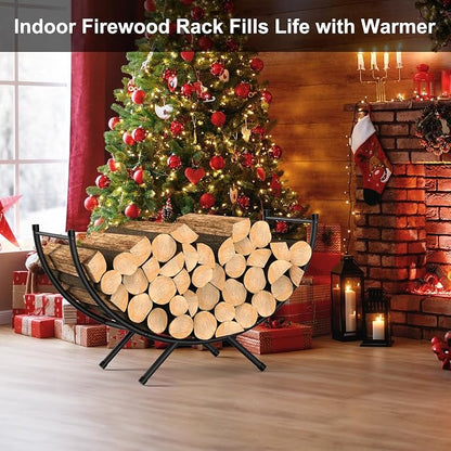 NANANARDOSO Curved Firewood Rack，24 inches Powder-coated Metal Fireplace Log Holder for Firewood Storage，Ideal for Indoor and Outdoor Fireplaces Wood Storage，Black