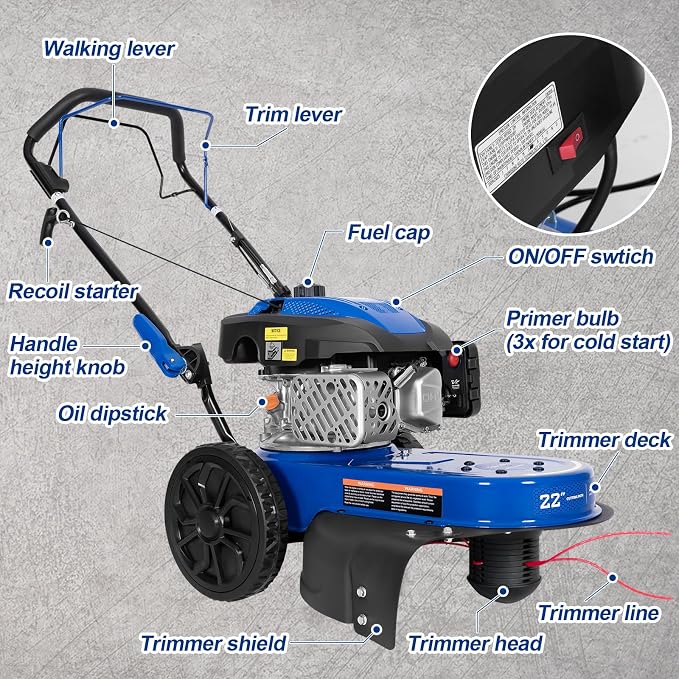 BILT HARD Self-Propelled Walk-Behind String Trimmer, 170cc 4-Cycle Gas Brush Cutter, 22" Cutting Diameter, 8-Position Height Adjustment, 10" Flat-Free Wheels, Brush Mower for Lawn, Yard, Field