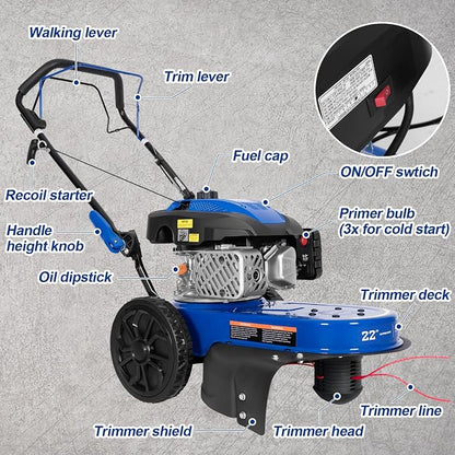 BILT HARD Self-Propelled Walk-Behind String Trimmer, 170cc 4-Cycle Gas Brush Cutter, 22" Cutting Diameter, 8-Position Height Adjustment, 10" Flat-Free Wheels, Brush Mower for Lawn, Yard, Field