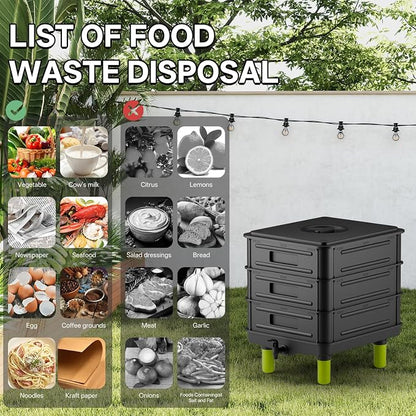 3-Layer Worm Composter, 50L Worm Compost Bin for Indoor & Outdoor, Worm Farm Starter Kits for Vermicomposting Starter, Garden Composting Bin for Recycling Food Waste (Black)