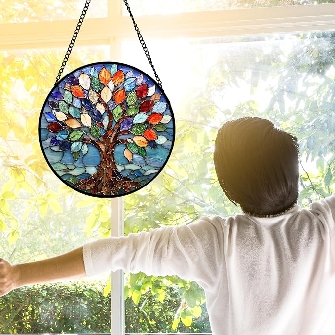 DASTOLL Stained Glass Window Hanging, Colorful Tree of Life Sun Catchers Glass Panel Blue Suncatcher Decor for Birthday for Women, Men, Wife, Aunt, and Mom 11.8x11.8 in