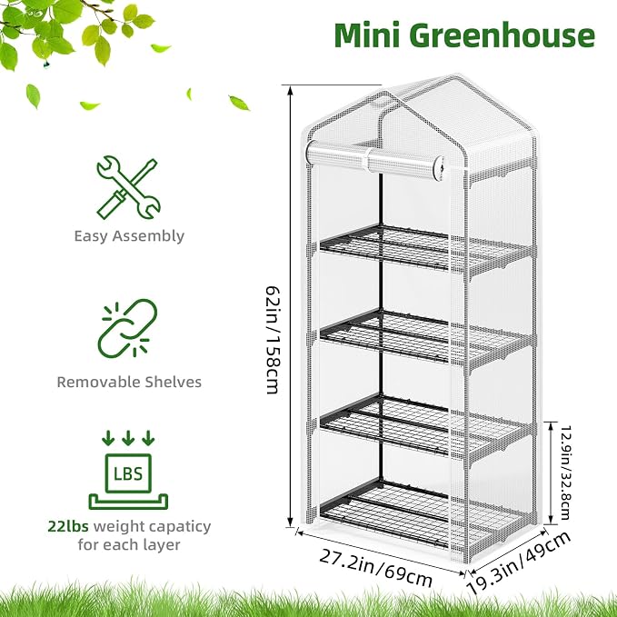 Superlele Mini Greenhouse, Plant Stand for Indoor Outdoor, 27x19x62-Inch Plant Greenhouse, 4 Tier Plant Shelf with Durable PE Mesh Cover, Portable Greenhouse for Seeding, Gardening Gifts