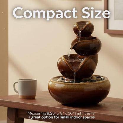 Sunnydaze Tiered Vessels Ceramic Tabletop Water Fountain - Relaxing Indoor Fountain for Office, Bedroom, or Living Room - Brown
