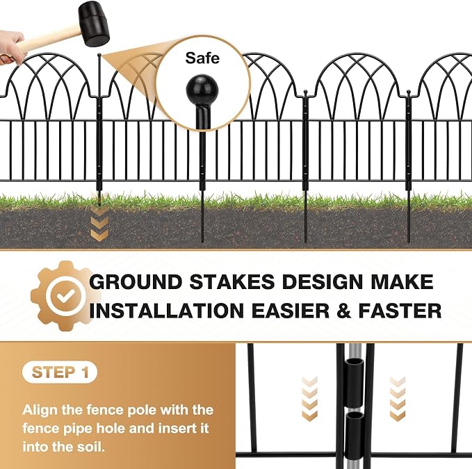 24in(H) x 10.56ft(L) Garden Fence - No Dig Metal Fence Animal Barrier Arched Wire Border Panels with Ground Stakes for Dogs Flower Beds Yard Patio Outdoor Decor