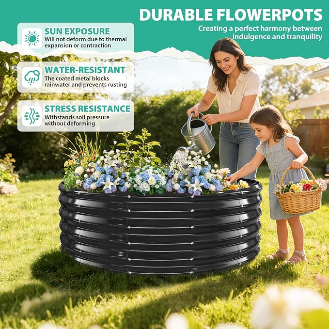 YSEJOMP 17" Tall 48" Diameter Round Raised Garden Bed Kits Outdoor Black | Heavy Duty,Rustproof,Durable & Stylish,1.5 FT Tall,4FT Planter Bed,0.8MM Thick Galvanized Metal Painted,with Gloves,Tool free