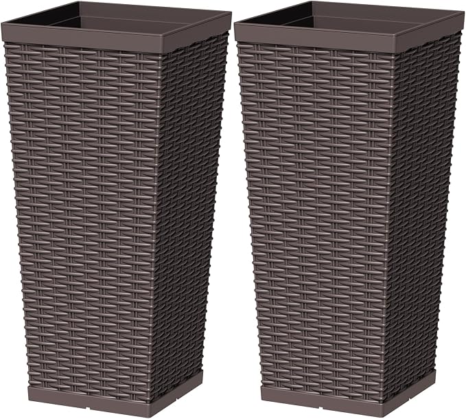 Greesum 24 Inch Tall Plastic Planters with Rattan Texture – Set of 2, Detachable Inner Pot & Drainage Holes, Indoor/Outdoor Decorative Flower Pots for Large Plants, Trees, Patio, and Garden, Brown