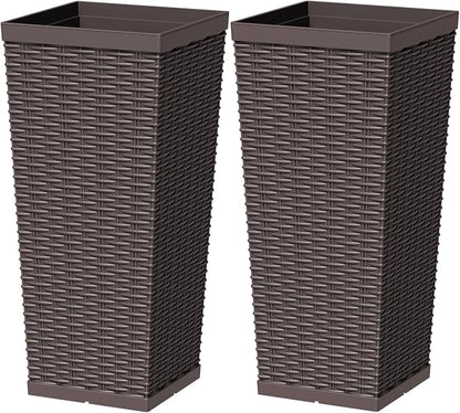 Greesum 24 Inch Tall Plastic Planters with Rattan Texture – Set of 2, Detachable Inner Pot & Drainage Holes, Indoor/Outdoor Decorative Flower Pots for Large Plants, Trees, Patio, and Garden, Brown