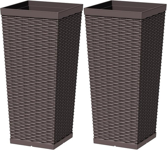 Greesum 24 Inch Tall Plastic Planters with Rattan Texture – Set of 2, Detachable Inner Pot & Drainage Holes, Indoor/Outdoor Decorative Flower Pots for Large Plants, Trees, Patio, and Garden, Brown