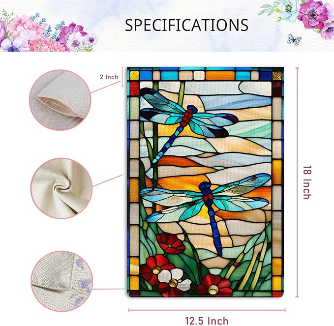Spring Summer Dragonfly Garden Flag Glass Style Flowers Garden Flag Vertical Double Sided Rustic Farmland Burlap Yard Lawn Outdoor Decor 12.5x18"
