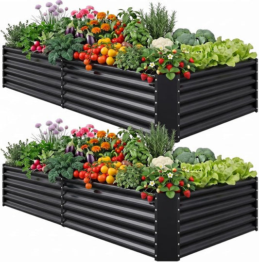 AHEONLAR 2 Pack 8×4×1.5ft Galvanized Raised Garden Beds Outdoor, Rectangle Sturdy and Durable Planter Boxes for Vegetables, Fruits, Flowers and Plants, Easy Assembly, Black