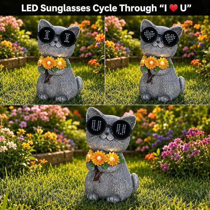 Solar Garden Statues Cat with Daisy and LED Lights Birthday Gifts for Women Mom Grandma Solar Outdoor Decor for Patio Backyard Yard Lawn Decoration-Unique Housewarming Gifts