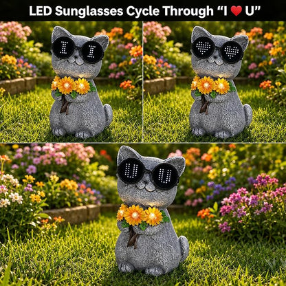 Solar Garden Statues Cat with Daisy and LED Lights Birthday Gifts for Women Mom Grandma Solar Outdoor Decor for Patio Backyard Yard Lawn Decoration-Unique Housewarming Gifts