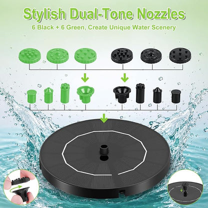3.5W Solar Fountain Pump, Solar Bird Bath Fountain with 6 Green & 6 Black Nozzles, Solar Water Pump for Outdoor Garden Patio Small Pond Fish Tank Landscape Decoration