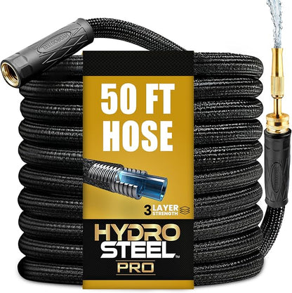 Hydrosteel PRO 50 Ft Heavy Duty Metal Garden Hose with Brass Nozzle | Made from 304 Stainless Steel, Flexible, Lightweight, Crush Resistant Fittings, Kink Free, 5/8” Diameter, 600 PSI Water Flow