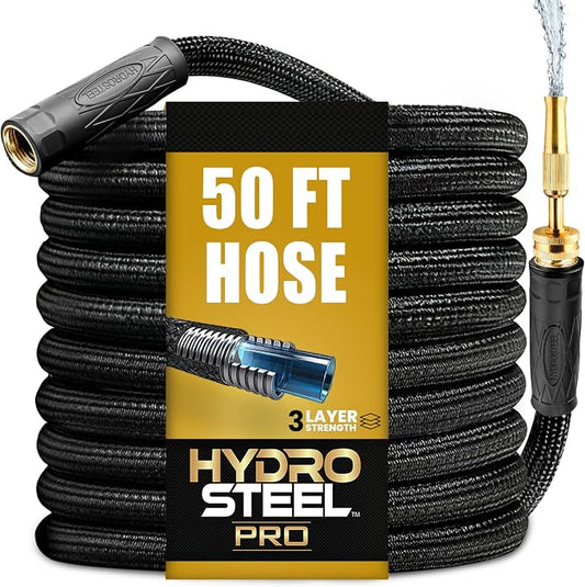 Hydrosteel PRO 50 Ft Heavy Duty Metal Garden Hose with Brass Nozzle | Made from 304 Stainless Steel, Flexible, Lightweight, Crush Resistant Fittings, Kink Free, 5/8” Diameter, 600 PSI Water Flow