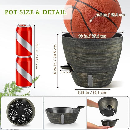 ZMTECH 10 Inch Self Watering Pots for Indoor/Outdoor Plants, Gold Bronze Large Plastic Planter with Water Level Indicator, Drainage Hole & Removable Saucer for Garden Flowers, Deco Plant Container