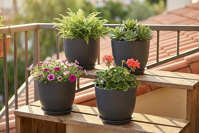 8 Inch Plant Pots Set of 4, Plastic Planters with Drainage Holes and Tray, Flower Pots for Indoor Outdoor Plants and Flowers (Black)