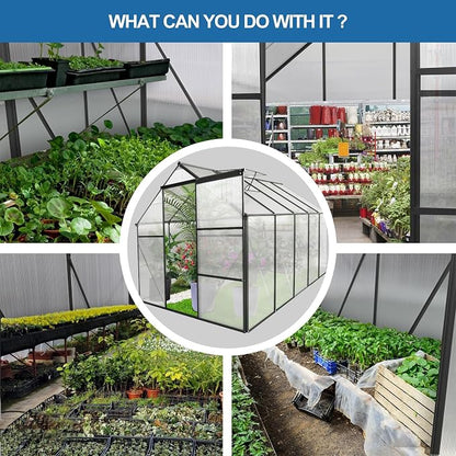 6x10 FT Greenhouse, Walk-in Polycarbonate Greenhouses with Sliding Doors, Aluminum Frame, Adjustable Roof Vent, Raised Base & Anchor, Outdoor Backyard Greenhouse for All Seasons, Black