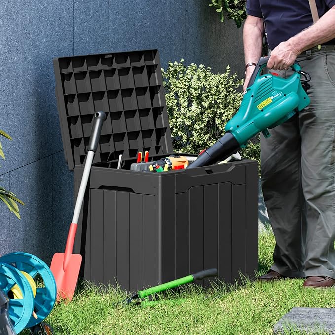Greesum 100 & 31 Gallon Black Resin Lockable Deck Boxes for Outdoor Storage