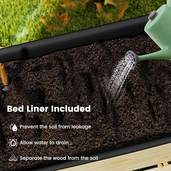 S AFSTAR Wooden Raised Garden Bed with Wheels, Elevated Planter Box with Legs, Storage Shelf, Liner & Drainage Holes, Indoor Outdoor Patio Gardening Box for Vegetable, Flower & Herb