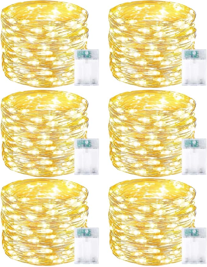 6 Pack Fairy Lights Battery Operated with Timer, Each 20FT 60LED Christmas String Lights Outdoor Indoor, Cuttable Battery Twinkle Light for Bedroom Home Wedding DIY Christmas Decorations (Warm White)
